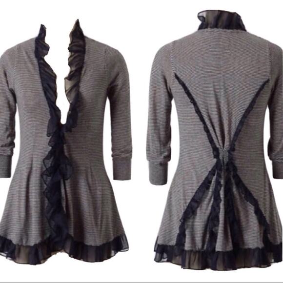 Anthropologie Guinevere Navy Blue Striped Ruffle Cardigan - Picture 1 of 6